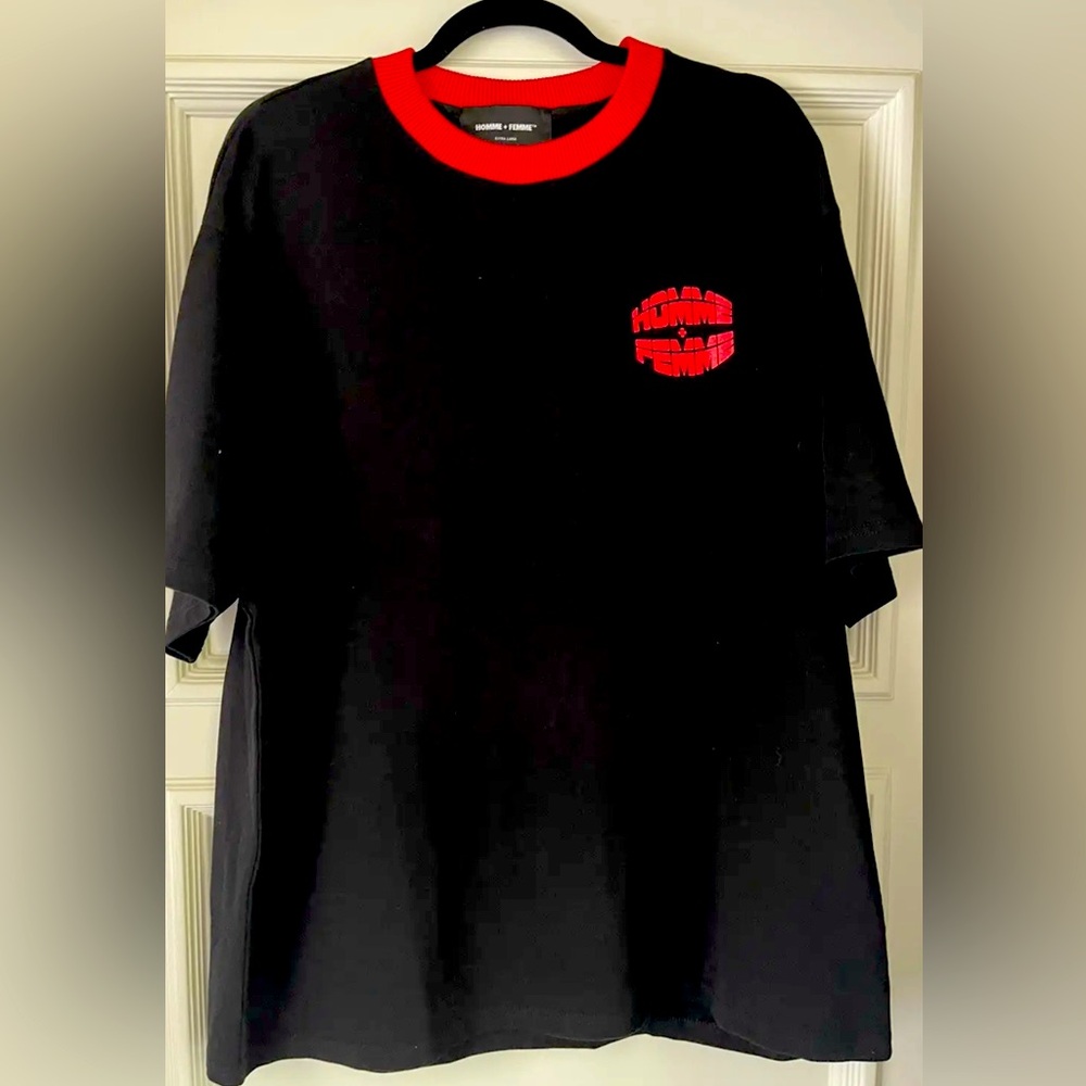 NWOT Homme + Femme Logo T-Shirt Size Unisex Lg  Black With Red Printing